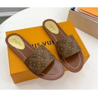 Good Quality Louis Vuitton Lock It Flat Slide Sandals in Studded Monogram Reverse Canvas 0322016