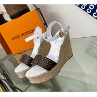 Sophisticated Louis Vuitton Starboard Wedge Sandal 10cm in Studded Monogram Canvas and Leather White 322029