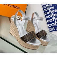 Best Product Louis Vuitton Starboard Wedge Sandal 10cm in Studded Monogram Canvas and Leather Silver 322030