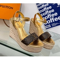 Stylish Louis Vuitton Starboard Wedge Sandal 10cm in Studded Monogram Canvas and Leather Gold 322031