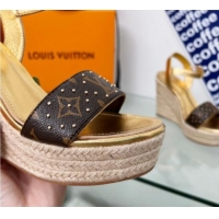 Stylish Louis Vuitton Starboard Wedge Sandal 10cm in Studded Monogram Canvas and Leather Gold 322031