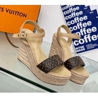 Top Design Louis Vuitton Starboard Wedge Sandal 10cm in Studded Monogram Canvas and Leather Nude 322032