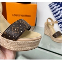 Top Design Louis Vuitton Starboard Wedge Sandal 10cm in Studded Monogram Canvas and Leather Nude 322032