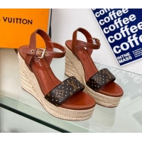 Perfect Louis Vuitton Starboard Wedge Sandal 10cm in Studded Monogram Canvas and Leather Brown 322034