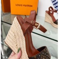 Perfect Louis Vuitton Starboard Wedge Sandal 10cm in Studded Monogram Canvas and Leather Brown 322034