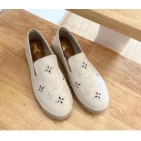 Hot Style Louis Vuitton Bidart Grained Leather Espadrilles with Monogram Embroidery White 0329074