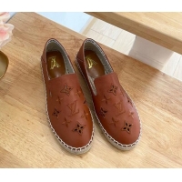 Popular Style Louis Vuitton Bidart Grained Leather Espadrilles with Monogram Embroidery Brown 0329076