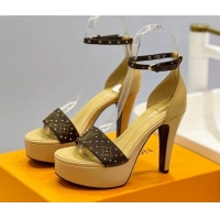 Good Quality Louis Vuitton Afterglow Platform Sandal 11.5cm in Beige Leather and Studded Monogram Canvas 329091