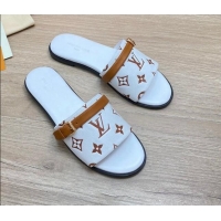 Best Grade Louis Vuitton Grained Leather Flat Slide Sandals with Buckle White 0329103