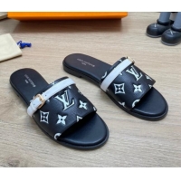 Discount Louis Vuitton Grained Leather Flat Slide Sandals with Buckle Black 0329104