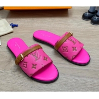 Top Grade Louis Vuitton Grained Leather Flat Slide Sandals with Buckle Dark Pink 0329105