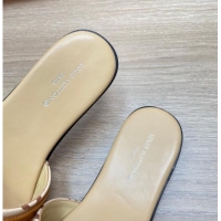 Pretty Style Louis Vuitton Grained Leather Flat Slide Sandals with Buckle Beige 0329106