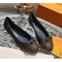 Classic Hot Louis Vuitton Popi Flat Ballerinas in Black Leather and Monogram Canvas 0407129