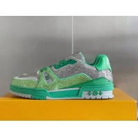 Stylish Louis Vuitton LV Trainer Sneakers with Allover Crystals Green/Silver 0412005