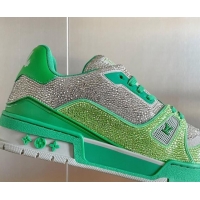 Stylish Louis Vuitton LV Trainer Sneakers with Allover Crystals Green/Silver 0412005