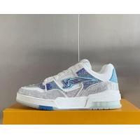 Good Looking Louis Vuitton LV Trainer Sneakers with Allover Crystals Silver/Light Blue 0412008