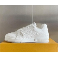 Classic Practical Louis Vuitton LV Trainer Sneakers in Mini Monogram Leather All White 0412026