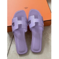 High Quality Hermes Oran Leather Flat Slide Sandal HE7410 Purple