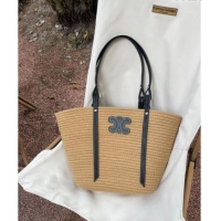 Best Price Celine Triomphe Straw and Leather Basket Bag 0306 Khaki/Black 2023