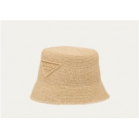 Famous Brand PradaTriangle Logo Raffia Bucket Hat PA8741 Beige