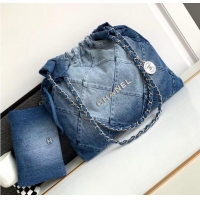 Shop Promotional CHANEL 22 Shopping Bag Denim & Silver-Tone Metal AS3137 Blue