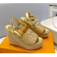 Luxury Louis Vuitton Starboard Wedge Sandal 10cm in LV Raffia and Leather Gold 427104