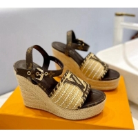 Sumptuous Louis Vuitton Starboard Wedge Sandal 10cm in LV Raffia and Monogram Canvas 0427105