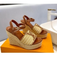 Good Quality Louis Vuitton Starboard Wedge Sandal 10cm in LV Raffia and Leather Brown 427106