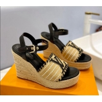 Grade Quality Louis Vuitton Starboard Wedge Sandal 10cm in LV Raffia and Leather Black 427107