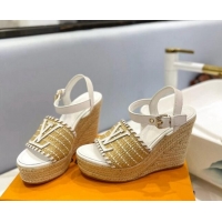 Best Product Louis Vuitton Starboard Wedge Sandal 10cm in LV Raffia and Leather White 427108