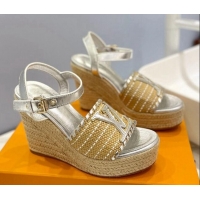 Stylish Louis Vuitton Starboard Wedge Sandal 10cm in LV Raffia and Leather Silver 0427109