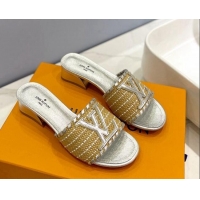 Grade Quality Louis Vuitton Starboard Heel Slide Sandal 4cm in LV Raffia and Leather Silver 427110