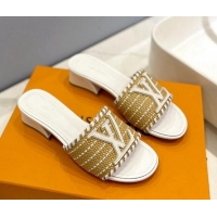 Unique Style Louis Vuitton Starboard Heel Slide Sandal 4cm in LV Raffia and Leather White 427114