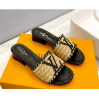 Best Grade Louis Vuitton Starboard Heel Slide Sandal 4cm in LV Raffia and Leather Black 427115