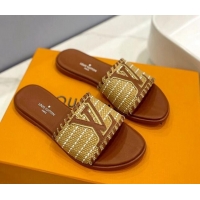 Duplicate Louis Vuitton Starboard Flat Slide Sandal in LV Raffia and Leather Brown 427116