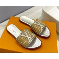 Durable Louis Vuitton Starboard Flat Slide Sandal in LV Raffia and Leather Silver 0427121