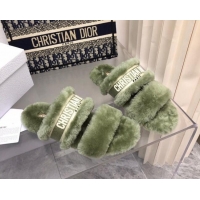 Best Grade Dior Chez Moi Slide Sandals in Embroidered Cotton and Shearling Green 120225