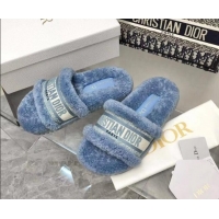 Top Grade Dior Dway Flat Slide Sandals in Embroidered Cotton and Reverse Shearling Blue 120231