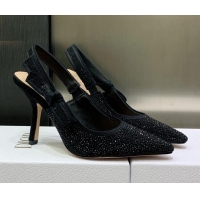 Grade Quality Dior J'Adior Slingback Pumps 9.5cm in Black Cotton Embroidered with Crystal 122308