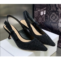 Best Grade Dior J'Adior Slingback Pumps 6.5cm in Black Cotton Embroidered with Crystal 2122309