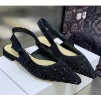 Low Cost Dior J'Adior Slingback Ballerina Flat in Black Cotton Embroidered with Crystal 2122310