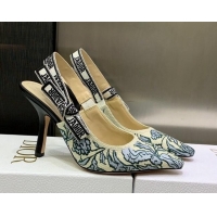 Sumptuous Dior J'Adior Slingback Pumps 9.5cm in Brocart Embroidered Cotton Beige/Blue 122311