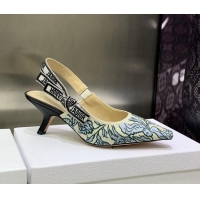 Best Product Dior J'Adior Slingback Pumps 6.5cm in Brocart Embroidered Cotton Beige/Blue 122312