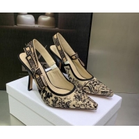 Perfect Dior J'Adior Slingback Pumps 9.5cm in Toile de Jouy Embroidered Cotton Beige/Black 2122314