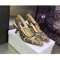 Crafted Dior J'Adior Slingback Pumps 6.5cm in Toile de Jouy Embroidered Cotton Beige/Black 122315