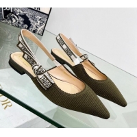 Duplicate Dior J'Adior Slingback Ballerina Flat in Khaki Green Embroidered Cotton 122329