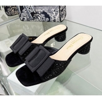 Stylish Dior Idylle Heeled Slide Sandals 3.5cm in Black Suede Covered with Crystal with Grosgrain Bow Black 2122335