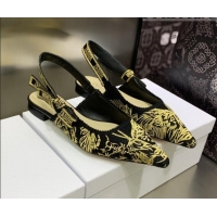 Classic Hot Dior J'Adior Slingback Ballerina Flat in Embroidered Cotton Black/Gold 0207124