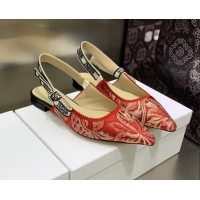 Stylish Dior J'Adior Slingback Ballerina Flat in Cherry Red Brocart Embroidered Cotton 020803