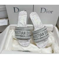 Sophisticated Dior Dway Flat Slides in White and Grey Cotton with Reve d'Infini Embroidery 022302